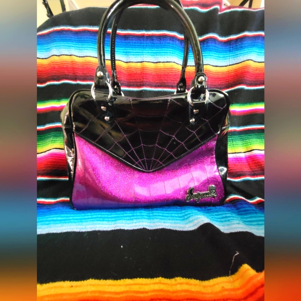 Rare Sourpuss purple sparkle spiderweb purse